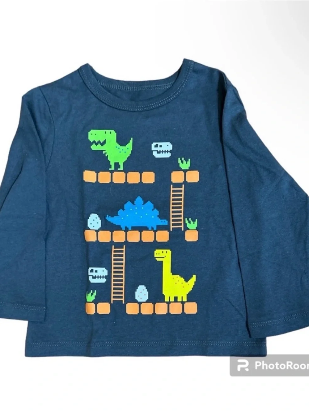 Boys Blue Pixel Video Game Dinosaur Long Sleeve Graphic T-Shirt 12/18M